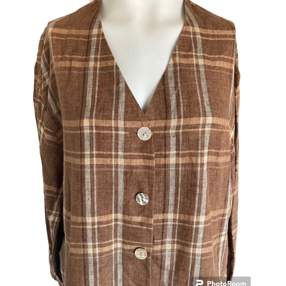 ISDA & Co Nordstrom Brown Plaid Linen Shirt w Pockets Light Jacket Sz M